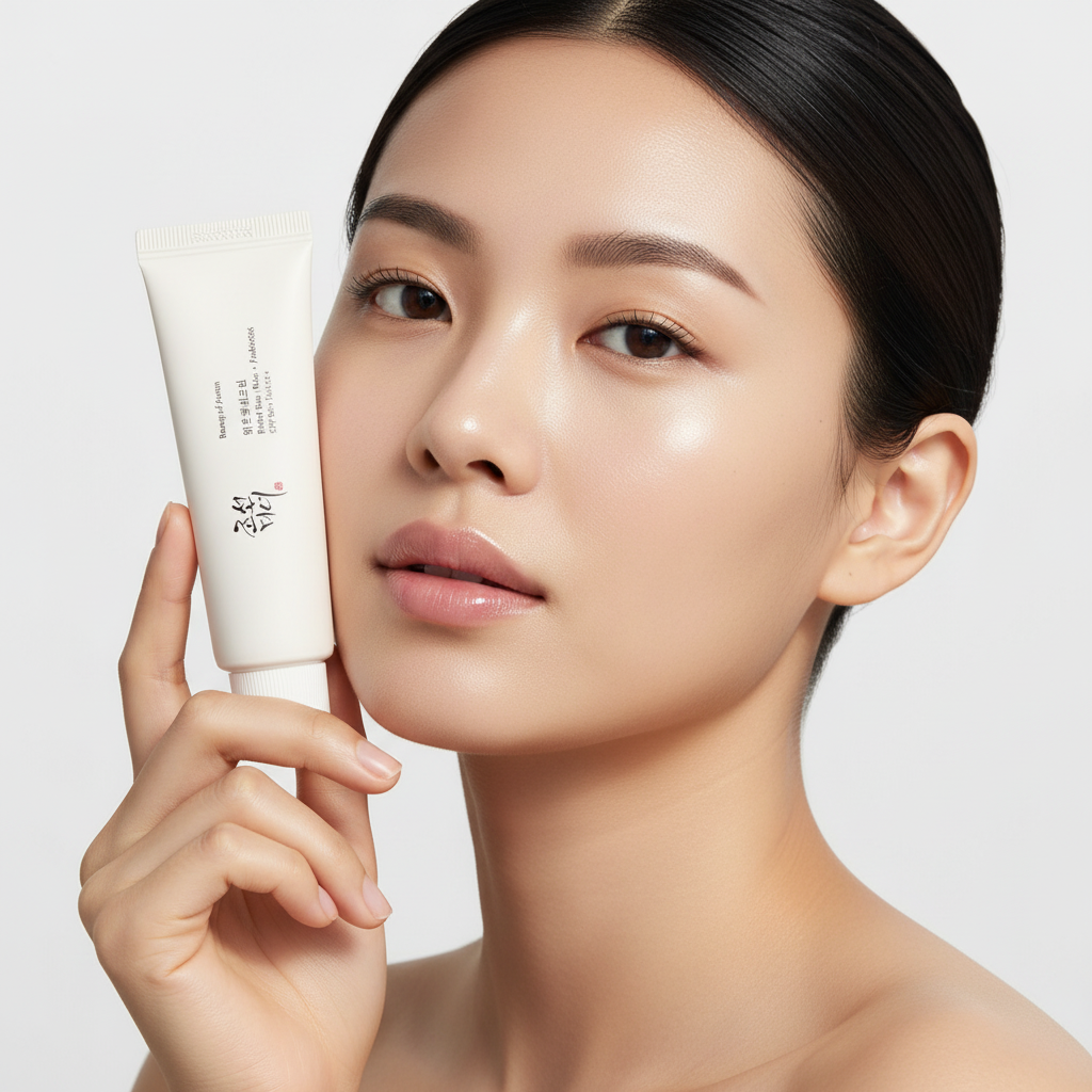 Femme au teint lumineux tenant une crème solaire coréenne Beauty of Joseon Relief Sun.