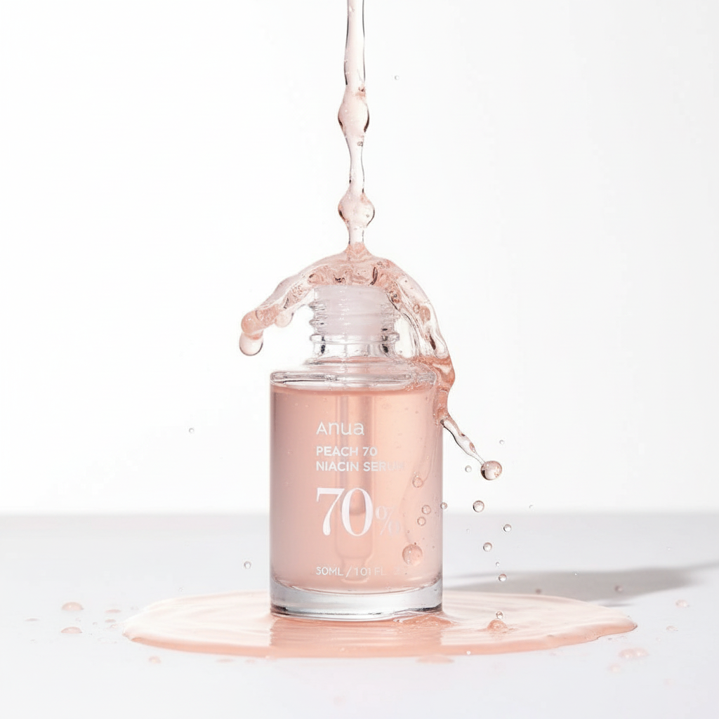 Anua Peach 70 Niacin Serum texture avec gouttes