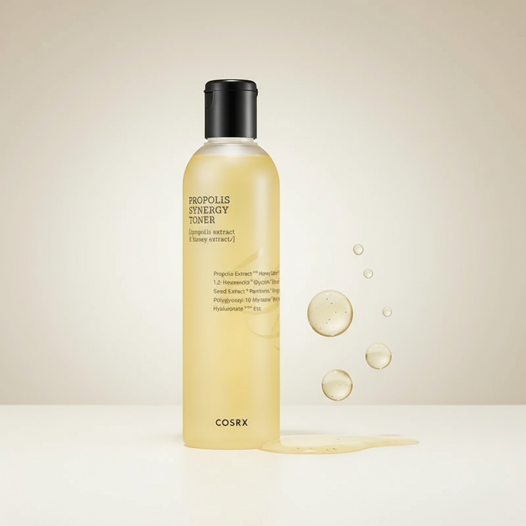 Cosrx Full Fit Propolis Synergy Toner produit et texture jaune transparente