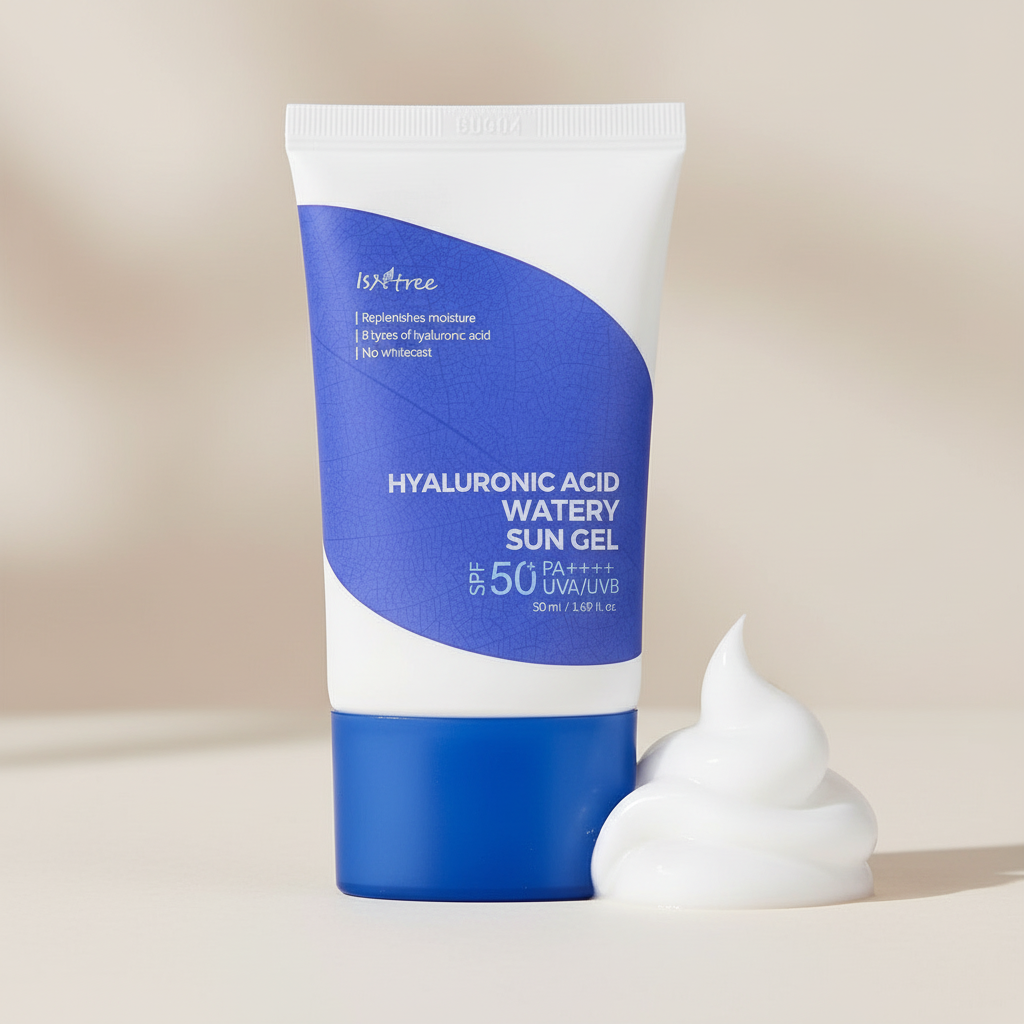 Isntree Hyaluronic Acid Watery Sun Gel produit et texture blanche